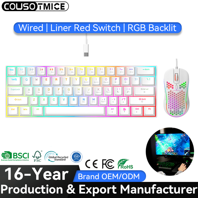 OEM Gamer 60% 61 Keys RGB Backlit 7200DPI Gaming Mouse Computer Wired Red Switch Mechanical Gaming Keyboard and Mouse Combo