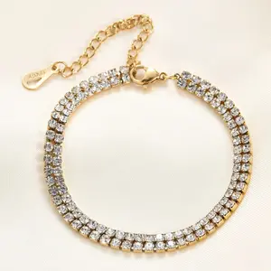 2024 High quality stainless steel all rhinestone double row CZ crystal tennis chain bracelet anklet wedding bridal gift jewelry