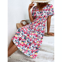 Robe de plage florale en gros, robe à manches courtes, fabricant de robes à col en V, robe courte, directement de l'usine