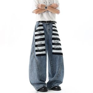 מכנסיים בסגנון אמריקאי High Street Relaxed Vibe מותג טרנדי ג'ינס עם רגליים רחבות עם טלאים מודפסים בצבע בלוק מעוקל בסגנון סכין מעוקלת - Product Image 4