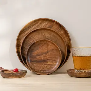 Лидер продаж, оптовая продажа, недорогая резиновая тарелка из твердой древесины в скандинавском стиле, тарелка для фруктов, круглая деревянная тарелка из акации