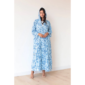 LEDUO Ramadan <b>Eid</b> Casual Modest Wear Blue Leaf Print <b>Long</b> Sleeve Striped Hooded Open Muslim Abaya - Product Image 1