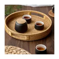 Оптовая продажа, деревянная круглая подставка из бамбука и кожи на заказ, поднос для корзины из ротанга