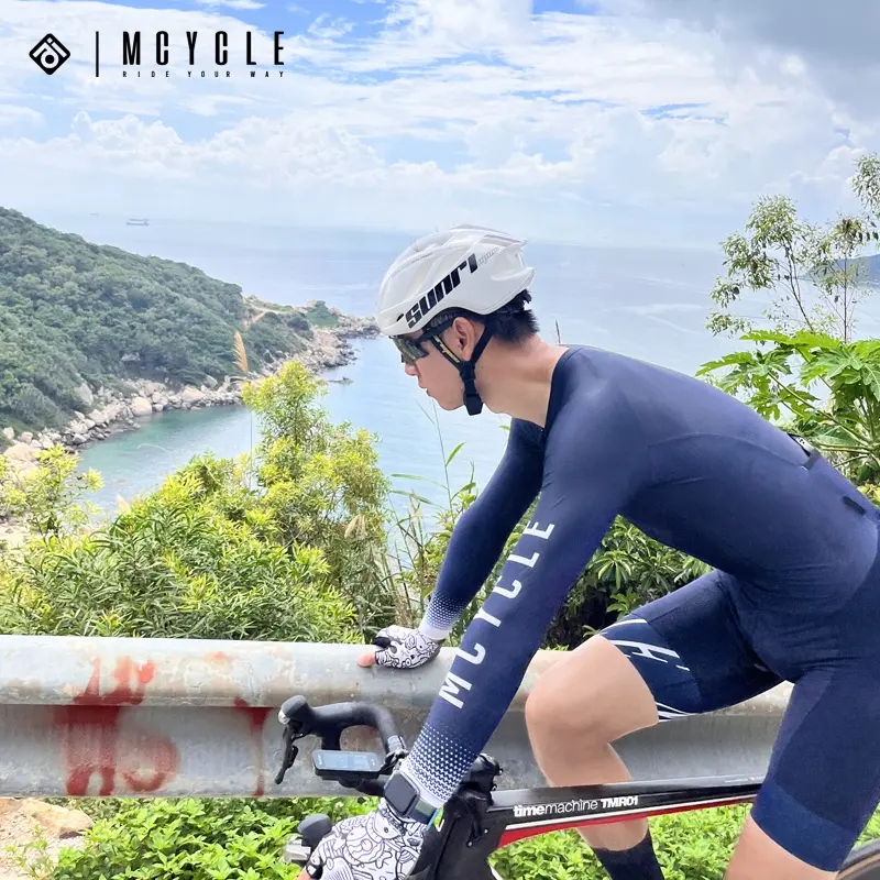 بدلة سباق هوائية بتصميم مقطع من Mcycle OEM بدلة سباق ثلاثية القوائم بدلة جلد لركوب الدراجة بدلة سرعة للدراجة باللون الأزرق المحيطي