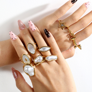18K <b>Gold</b> Plated Stainless Steel Baroque Pearl Shell <b>Ring</b> <b>Set</b>, Irregular White Shell Statement Finger <b>Rings</b> for Women Wholesale - Product Image 1
