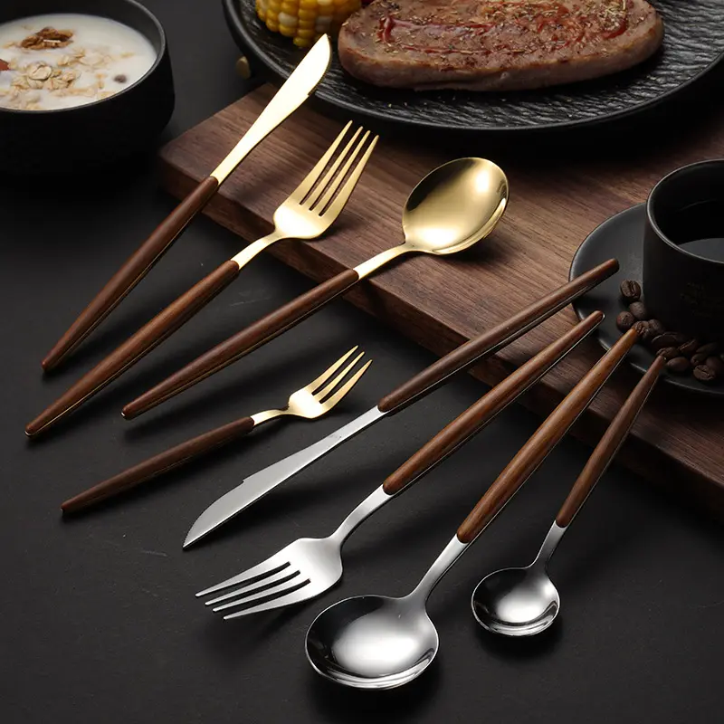 Wooden Handle Stainless Steel Gold Flatware Set Knife Fork Spoon Dessert Spoon Wedding Cutlery