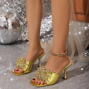 Nuevos Talones Altos Sexys, Escarpins, Mules, Sandalias de Punta Cuadrada para Mujer, Tacones Dorados para Damas - Product Image 3