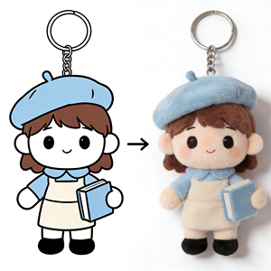 Portachiavi Peluche Personalizzato con Bambola in Berretto e Libro, Trasforma il Tuo Design Cartoon in Mini Accessorio Giocattolo Imbottito - Product Image 1