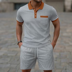 Nouvel Ensemble Deux Pièces Été 2025 <span class=keywords><strong>Homme</strong></span>: <span class=keywords><strong>Polo</strong></span> Gaufré à Manches Courtes, Blocs <span class=keywords><strong>de</strong></span> Couleurs et Poches, avec Short Uni - Product Image 3