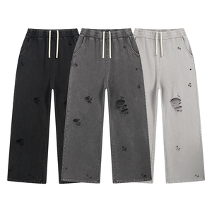 Pantalones Largos Retro para Hombre con Logotipo Personalizado, 420G, Desgastados, Rotos, con Lavado de Color, Técnicas Bordadas, Cintura Media, Forro Polar, Formales - Product Image 2