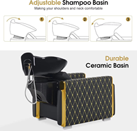 Fauteuil de lavage de luxe rétro pour salon de coiffure, station de lavage de cheveux en cuir PU avec cuvette en céramique, fauteuil de barbier