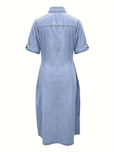 Dropshipping Robe chemise en demin de couleur unie à manches <span class=keywords><strong>courtes</strong></span> Robe sexy en ligne à la mode - Product Image 4