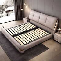 Lit double en cuir à revêtement souple, avec rangement à pression d'air, lit double doux et confortable avec revêtement moelleux et fonctions de rangement