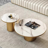 Table basse en acier doré avec plateau en pierre, table basse ronde moderne et luxueuse, ensemble de tables basses de designer, vente en gros, ensemble de tables basses pour salon