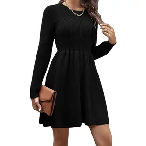 Женское облегающее платье-свитер до колен, черное трикотажное платье с длинным рукавом и круглым вырезом, с завышенной талией