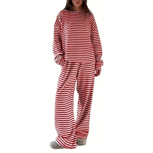 Women's Wear Red Striped Long-Sleeve Shirt Top Casual High-Waisted Wide-Leg <b>Pants</b> African 2-Piece Set Fashion - Product Image 6