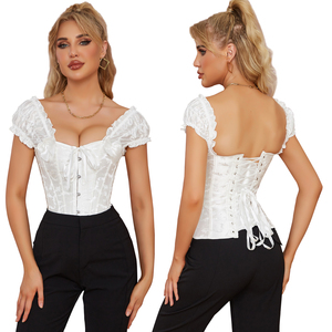 Lace up Puff Sleeves Corset <strong>Top</strong> Chest Holding Waist Tight Corsets Belly Rubber Bone White Bustier <strong>Basque</strong> With G-String - Product Image 1