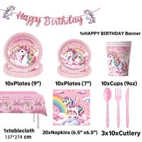 Ensemble de vaisselle de fête Licorne Rose, décorations d'anniversaire, assiettes en papier, gobelets, serviettes, nappe, ballons, bannière, couverts, pailles