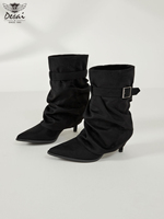 Bottes mi-mollet souples pour femme GMM002 en cuir PU avec semelle TPU, bout pointu, talon chaton, bride à boucle – Bottes habillées tendance noires et marron