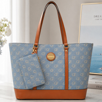 Sac fourre-tout en jean à motifs pour femme avec garniture en cuir, fermeture éclair, imperméable, grande capacité, sac à bandoulière, ensemble de deux sacs à main