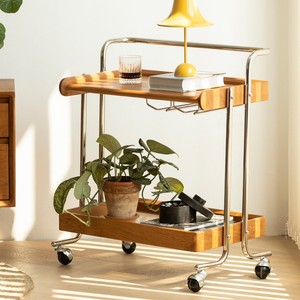 Table d'appoint en bois avec roulettes, table basse en bois de cerisier, chariot mobile, meubles de salon - Product Image 1