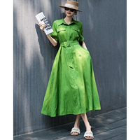 Robe longue élégante vintage en lin de couleur menthe pour femme, col polo, taille ajustée, amincissante, idéale pour le bureau et les trajets quotidiens, été
