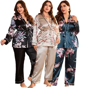 Baju tidur panjang wanita, piyama Satin bertali kasual, motif bunga longgar, Set 2 potong, setelan jubah piyama wanita ukuran besar