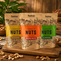Voedselveilige staande pouch verpakking, gecertificeerde verpakkingsoplossing voor internationale import-export, geschikt voor noten en snacks, hersluitbaar.
