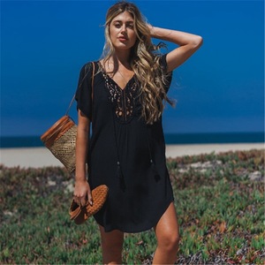 Robe décontractée d'été en viscose tendance, grande taille, unie, avec dentelle, respirante, col en V, mi-longue, coupe ample, pour les <span class=keywords><strong>vacances</strong></span> - Product Image 1