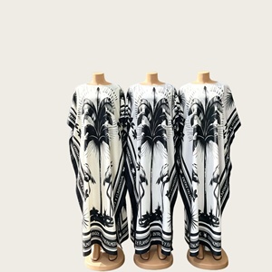 Nouvelle <span class=keywords><strong>Robe</strong></span> Kaftan Décontractée d'Été Grande Taille pour Femme, Style Africain Tendance, Imprimé Cocotiers Noir et Blanc, Coupe Ample, Idéale pour les Vacances - Product Image 5