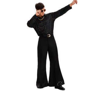 Costume de scène rétro disco pour homme Yi Xiaoyi, style années 1970, ensemble pantalon évasé et chemise à paillettes noires pour adulte - Product Image 3
