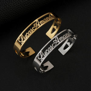 Haomi-Pulsera de acero inoxidable personalizada con nombre en inglés, pulsera de moda con medio esqueleto, para parejas, regalo de vacaciones - Product Image 1