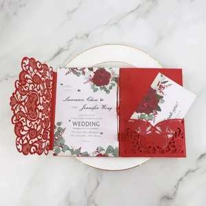 Tarjeta de felicitación de invitación de boda 3d, papel rojo cortado con láser, diseño de lujo personalizado, con sobre