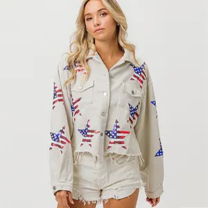 Lovedagear Custom America Star Sequin Embroidery Patch Corduroy Independence Day Cropped Jacket For Women Wash Fringe Shacket