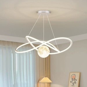 Luminaire suspendu LED en forme de lune géométrique pour salon, chambre, bureau, éclairage de plafond à spectre complet avec commande vocale - Product Image 2