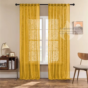 ستائر بالونية صفراء بلون الخردل بملمس الكتان صديقة للبيئة مع حلقات علوية من الشاش الشفاف العصري لجميع المواسم لغرفة المعيشة - Product Image 2