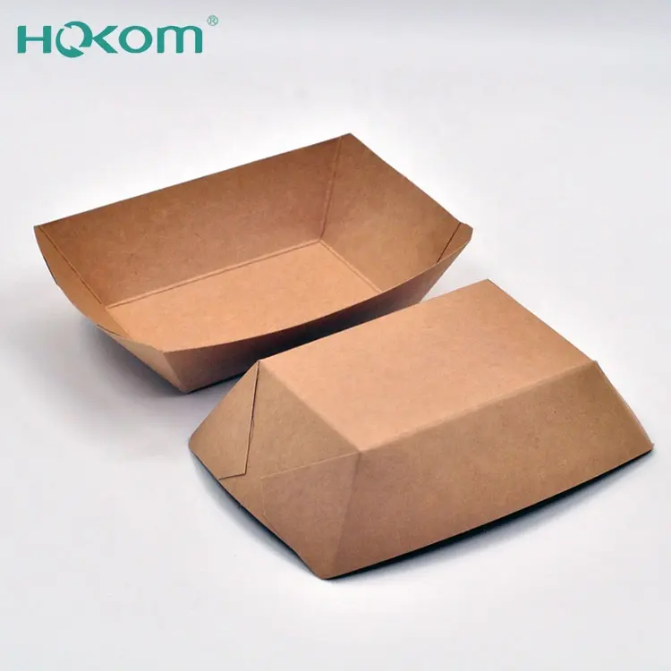 Hokom Custom Größen Einweg braunes Papier Boot Tablett Snack Papier fach für Obst Kraft papier Lebensmittel box Behälter