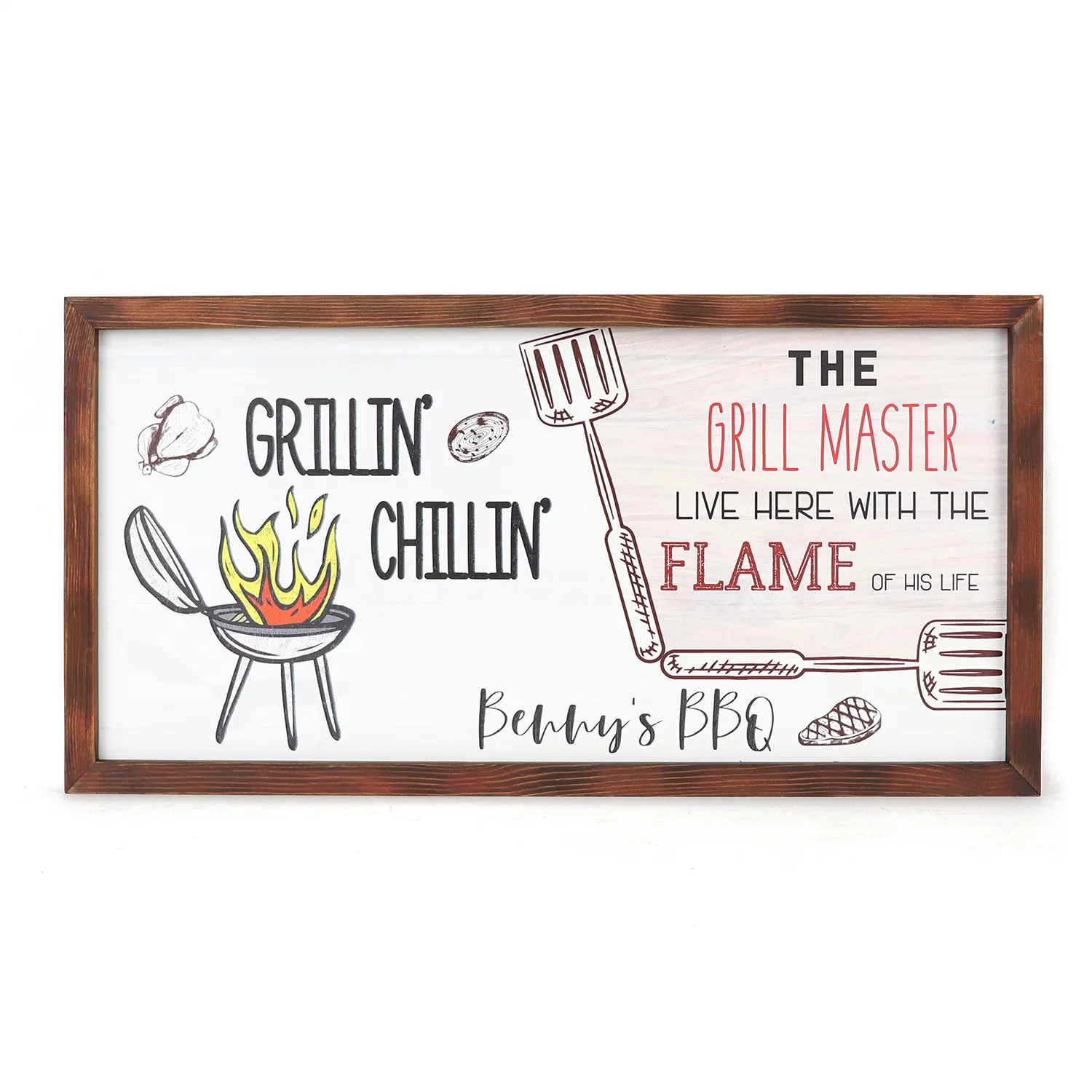The grill master live here with the flame of his life Personalized 12x24in wooden plaque wooden frame sign