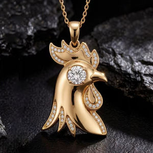 Collier personnalisé en argent plaqué or 10K/14K/18K avec diamant de laboratoire CVD IGI/HPHT, cadeau de fiançailles classique, motif coq du zodiaque chinois IN12 - Product Image 1