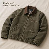 Veste de travail pour homme en toile de canard épaisse délavée style vintage, col en velours côtelé, fermeture éclair en laiton, poignets à boutons-pression, poche poitrine, taille ajustable, streetwear