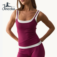 Ensemble de vêtements de sport pour femmes : débardeurs double couche contrastés, shorts anti-boulochage en tricot côtelé