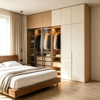 Armoire sur mesure en L avec portes vitrées, éclairage LED, tringle de suspension, étagères, tiroirs et armoires suspendues pour chambre et hôtel