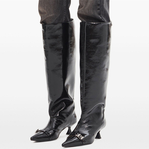 รองเท้าบูทหุ้มเข่าลายเสือดาวสำหรับผู้หญิง ปลายแหลม หัวเข็มขัดโลหะ ส้นเตี้ย รองเท้าบูทยาวแบบสั่งทำพิเศษ - Product Image 2