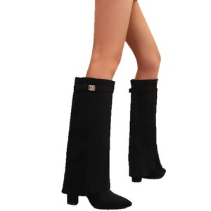 Cross-Border Trade New Pointed Toe Large Tube Straight Metal Buckle Mid-Calf <strong>Boots</strong> Large Size Chunky Heel <strong>Trouser</strong> <strong>Boots</strong> Women's - Product Image 5