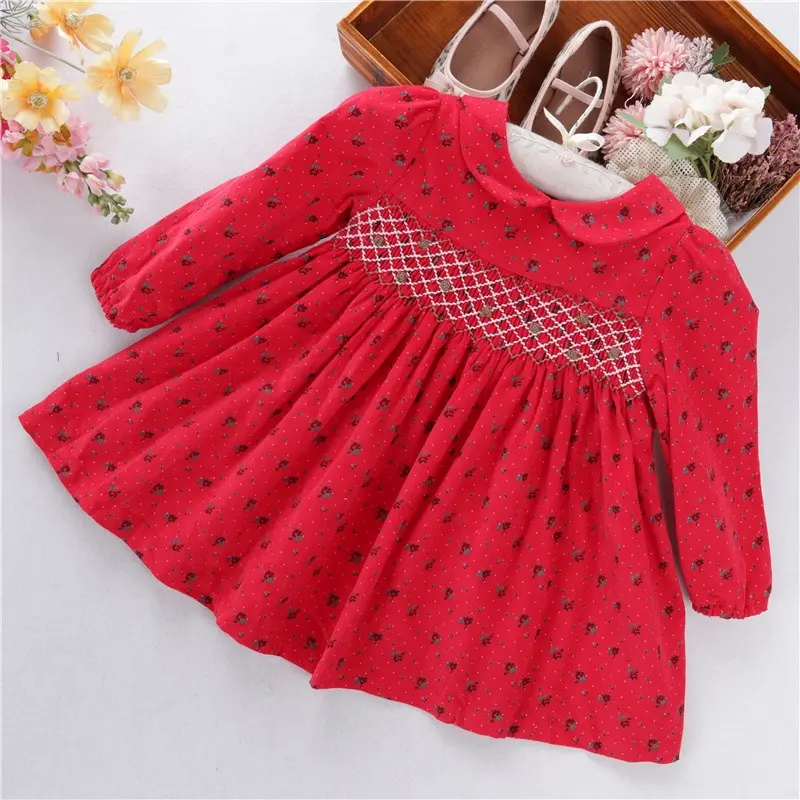 C20729 new arrival flower baby girls dress western design kids smocked Clothing wholesale casual handmade embroidery