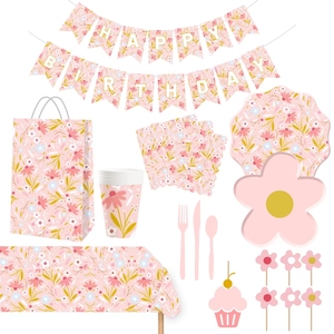 DAMAI - Juego de Vajilla Desechable de Papel con Diseño de Margaritas Rosas, Platos con Forma de Flor, Vasos de Papel con Asa, Servilletas para Fiestas de Té - Product Image 1