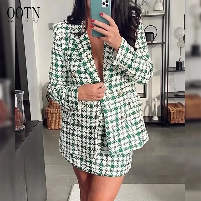 OOTN Woman Vintage Long Sleeve Double Breasted Blazers Top Spring 2022 Fashion Check Suit Jacket Women Coat Blazer