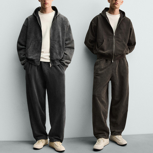 KingSen Street Style Warm Hoodie <b>Set</b> Acid washed 2 Piece Tracksuit Comfortable 2 Way Zip Up Hoodie With Pants Stone Wash - Product Image 1