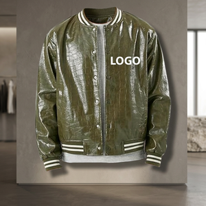 Chaqueta Varsity de PU Verde Oliva para Hombre, Corte Regular, Cuello Camisero, Cierre de Botones, Estilo Casual, Ropa de Otoño - Product Image 3