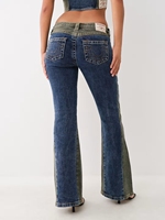 Jeans évasés à taille haute pour femmes, bleu foncé, avec empiècements contrastés sur les côtés, lavage vintage, denim élastique, style rétro décontracté
